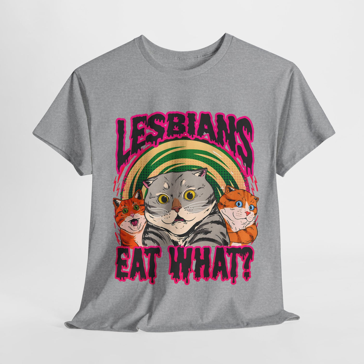 Playful Cat-Themed Tee – 'Lesbians Eat What?'