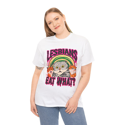 Playful Cat-Themed Tee – 'Lesbians Eat What?'