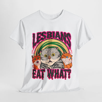 Playful Cat-Themed Tee – 'Lesbians Eat What?'