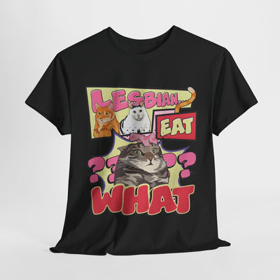 Whimsical Cat-Themed Unisex Tee - "Lesbian Eat What?" Design