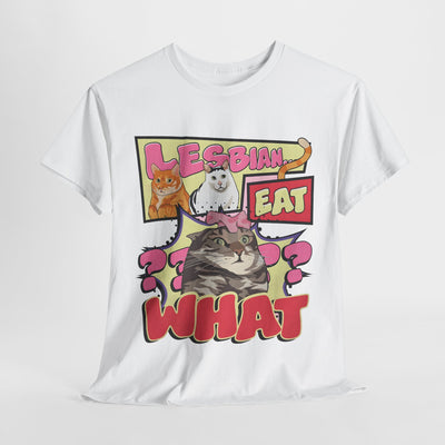 Whimsical Cat-Themed Unisex Tee - "Lesbian Eat What?" Design