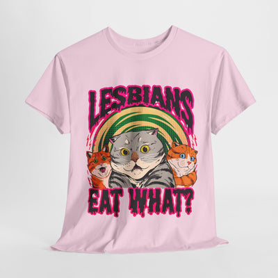 Playful Cat-Themed Tee – 'Lesbians Eat What?'